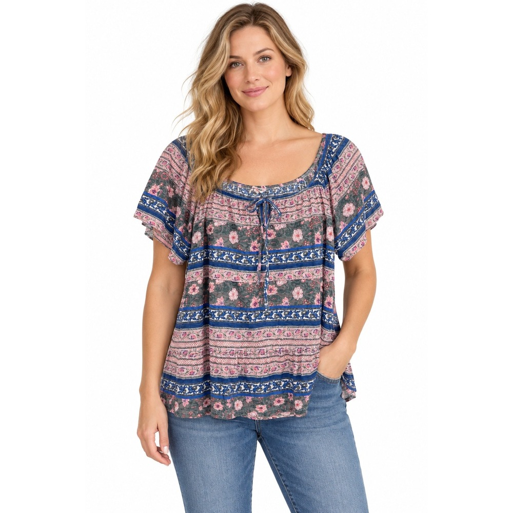 Lucky Brand Floral Boho Flutter Sleeve Peasant Top Large Pink Blue Cottagecore